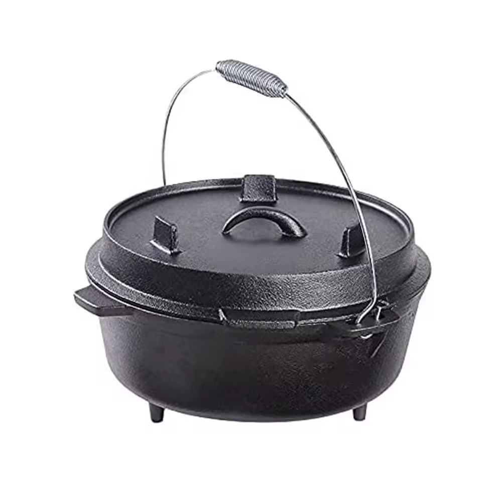 Three legged cast iron Dutch oven outdoor Camping hanging pot stock and soup pot for picnic with iron lid handle and lifter