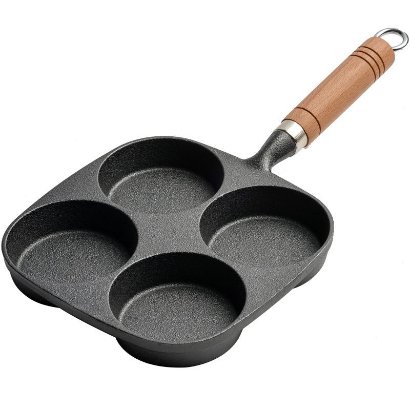 Cast Iron Egg Pan 4 Holes Baking Pan Breakfast Cooker Flat Bottom 4 in 1 Frying Pan Fired Egg Pot Hamburger Maker