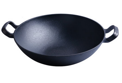 Wholesale Non-stick Cast Iron Woks Cookware Set Frying Pan with Double Iron Ears and Wooden Cover