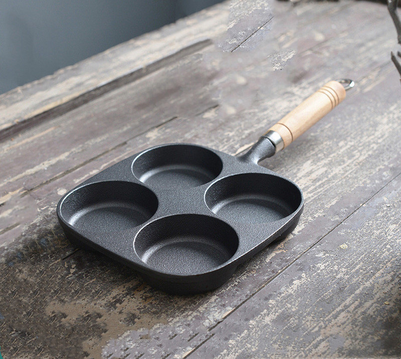 Cast Iron Egg Pan 4 Holes Baking Pan Breakfast Cooker Flat Bottom 4 in 1 Frying Pan Fired Egg Pot Hamburger Maker