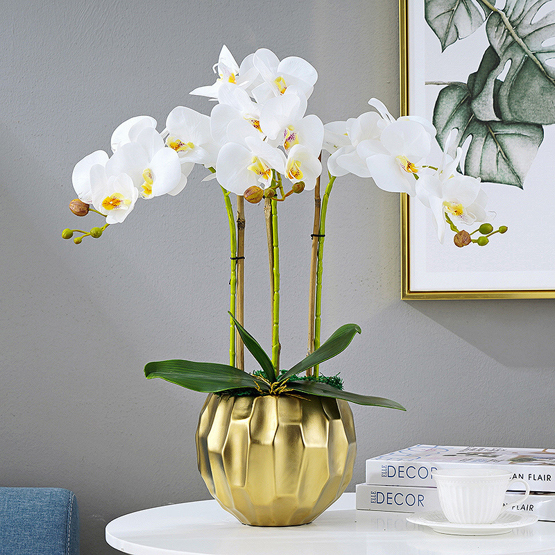 O-X450 Wholesale Real Touch White Pink Potted Phalaenopsis Orchids Butterfly Flower In Gold Pot For Home Decor Orchid