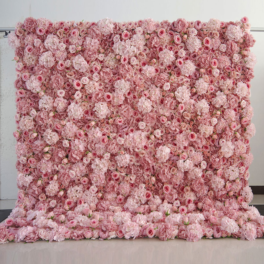 Rose Floral Wall Luxury Wedding Silk Cloth Flower Wall Decorative 3D Rolled Up Blush Pink Artificial Flower Backdrop Panels