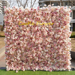 Wedding Stage Floral Wall  Backdrop Decor High Quality Pink Rose Flower Wall Curtain Mat Roll Up Cloth Fabric Silk Flower Wall