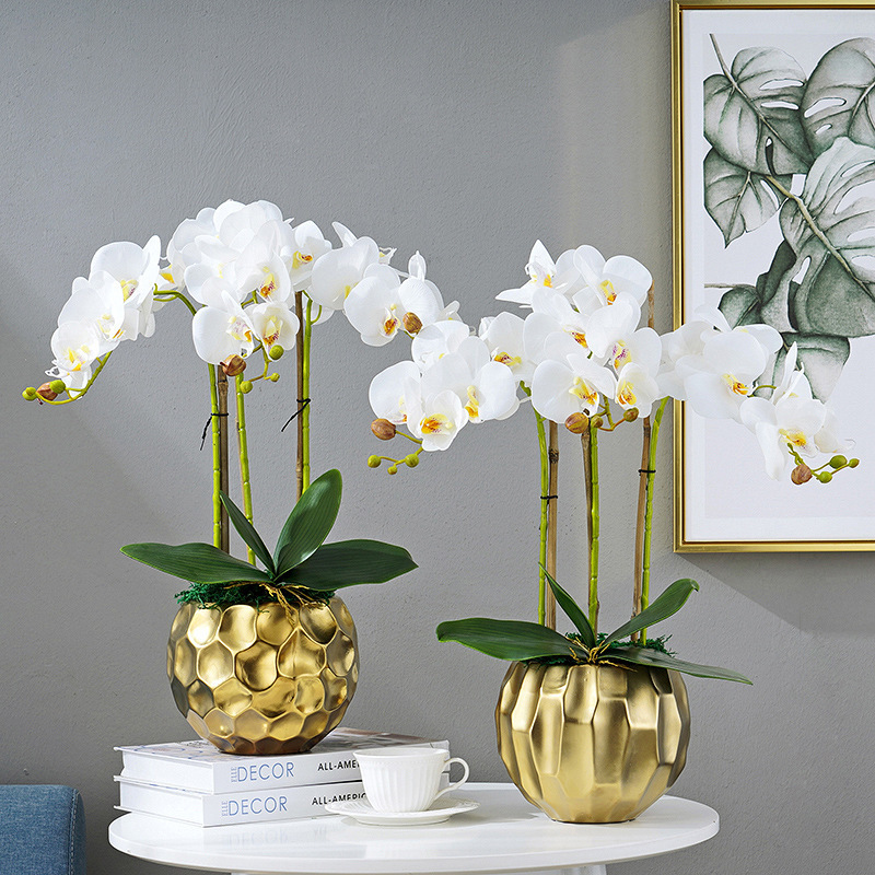 O-X450 Wholesale Real Touch White Pink Potted Phalaenopsis Orchids Butterfly Flower In Gold Pot For Home Decor Orchid