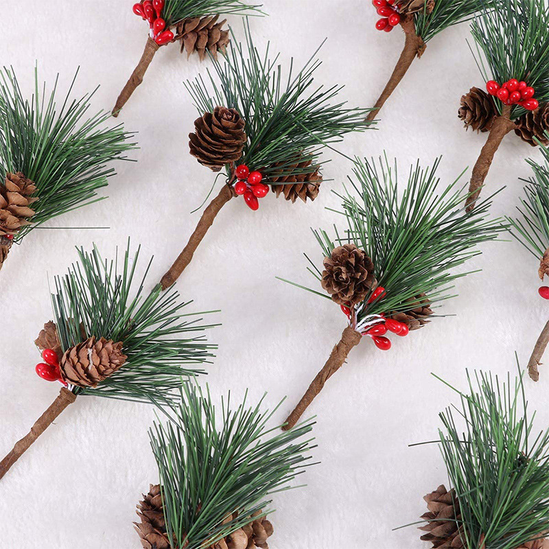 O-X0060 Artificial Pine Picks with Berries Pinecones Christmas Trees Decoration Stems Flower Arrangements Wreaths for Christmas