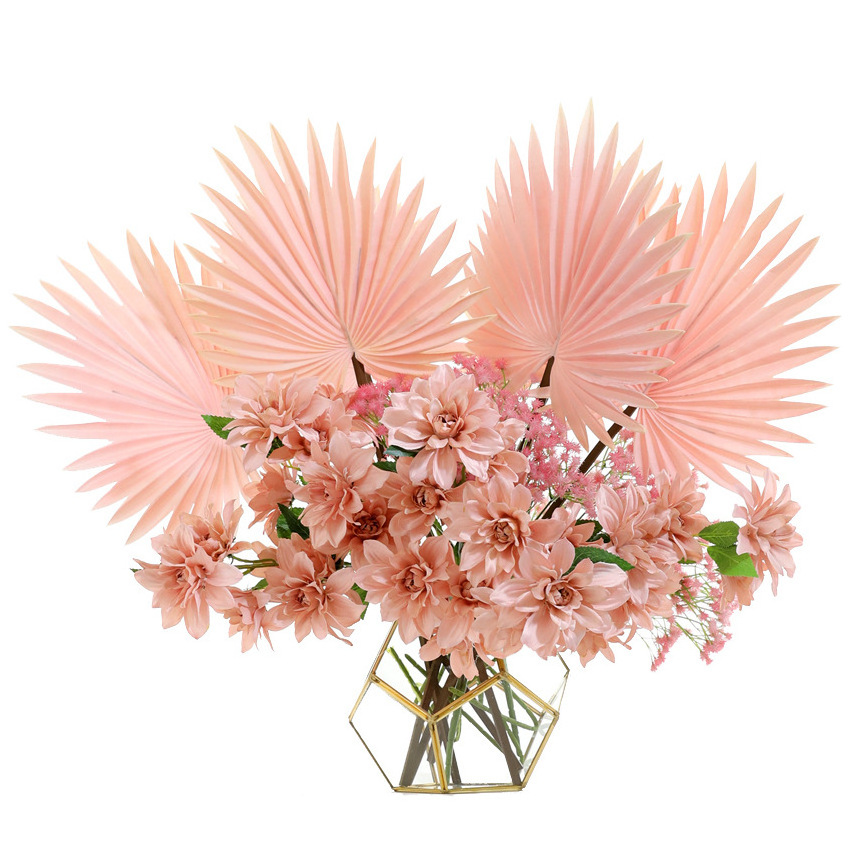 O-X515 Wholesale Pink Gold Artificial Palm Tree Leaf DIY Floral Arrangement PU Palm Leaves Artificial Tropical Palm Leaves