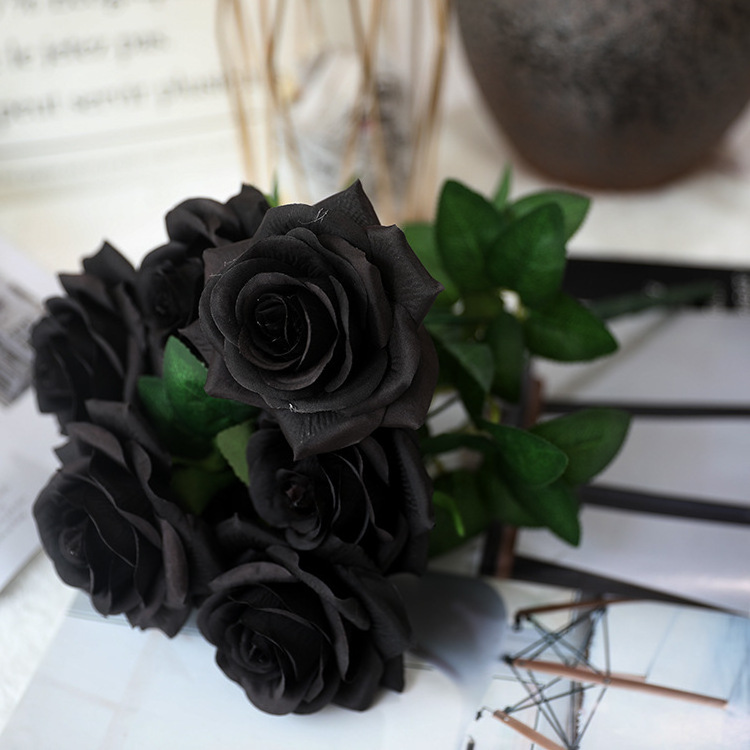 O-X412 Wholesale Price Diy Artificial Black Roses Heads Real Touch Silk Artificial Black Rose Flower for Funeral Decoration