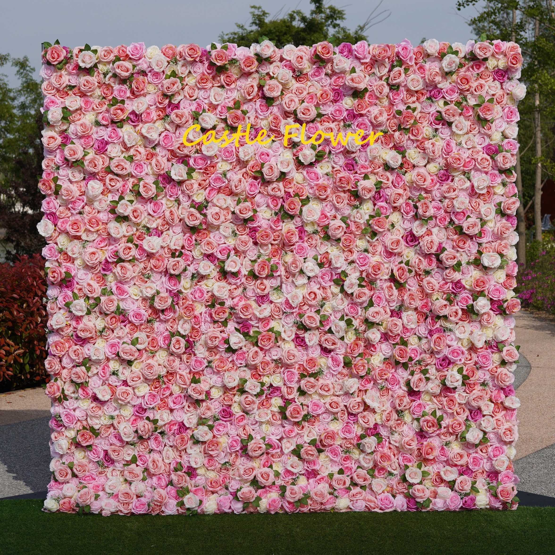 M600 Customized 3D Cloth Grid Silk Wedding Decorative Flower Wall Artificial Rose Flower Wall Panel Backdrop For Decor