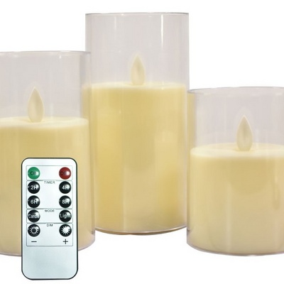 D-LC01 Lighting Flickering Pillar Led Candle Battery Powered Flameless Electronic Candles In Clear Tall Glass With Moving Flame