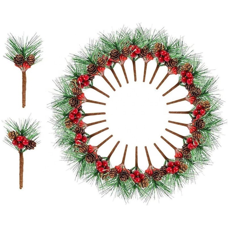 O-X0060 Artificial Pine Picks with Berries Pinecones Christmas Trees Decoration Stems Flower Arrangements Wreaths for Christmas