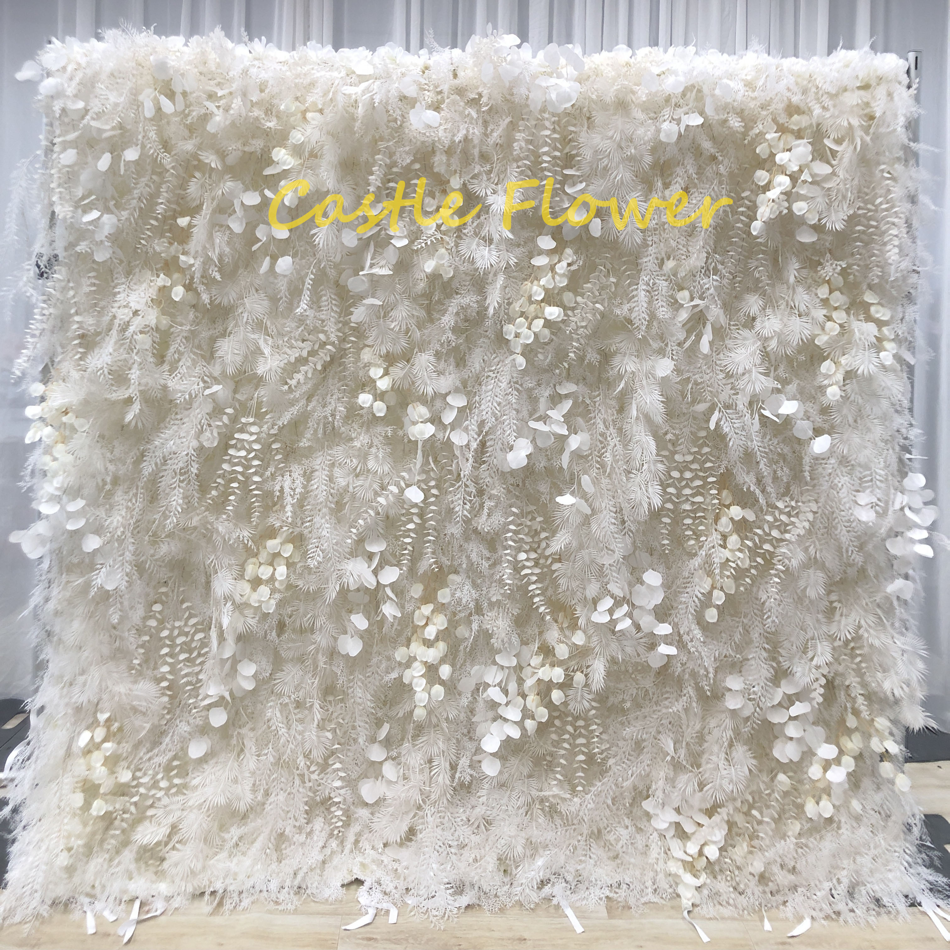 Artificial Silk Flower Wall Panels White Rose Hydrangeas Fabric Rolling Up Curtain Flower Wall Wedding Backdrop