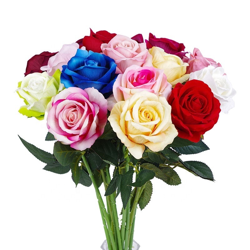 O-X751 Wholesale artificial flower rose Real touch single stem silk rose Home wedding decor white red blue velvet roses flower