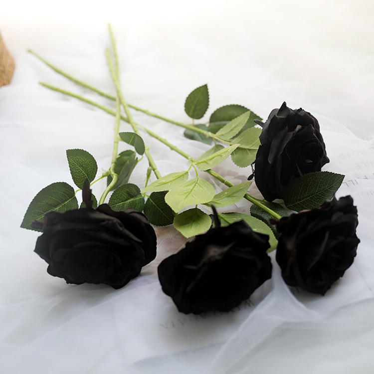 O-X412 Wholesale Price Diy Artificial Black Roses Heads Real Touch Silk Artificial Black Rose Flower for Funeral Decoration