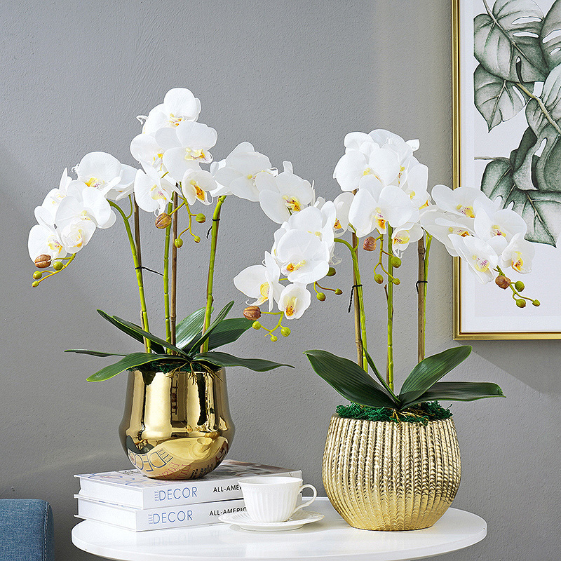 O-X450 Wholesale Real Touch White Pink Potted Phalaenopsis Orchids Butterfly Flower In Gold Pot For Home Decor Orchid