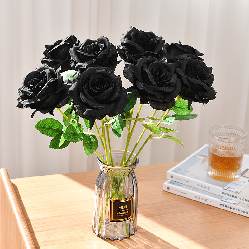 O-X412 Wholesale Price Diy Artificial Black Roses Heads Real Touch Silk Artificial Black Rose Flower for Funeral Decoration