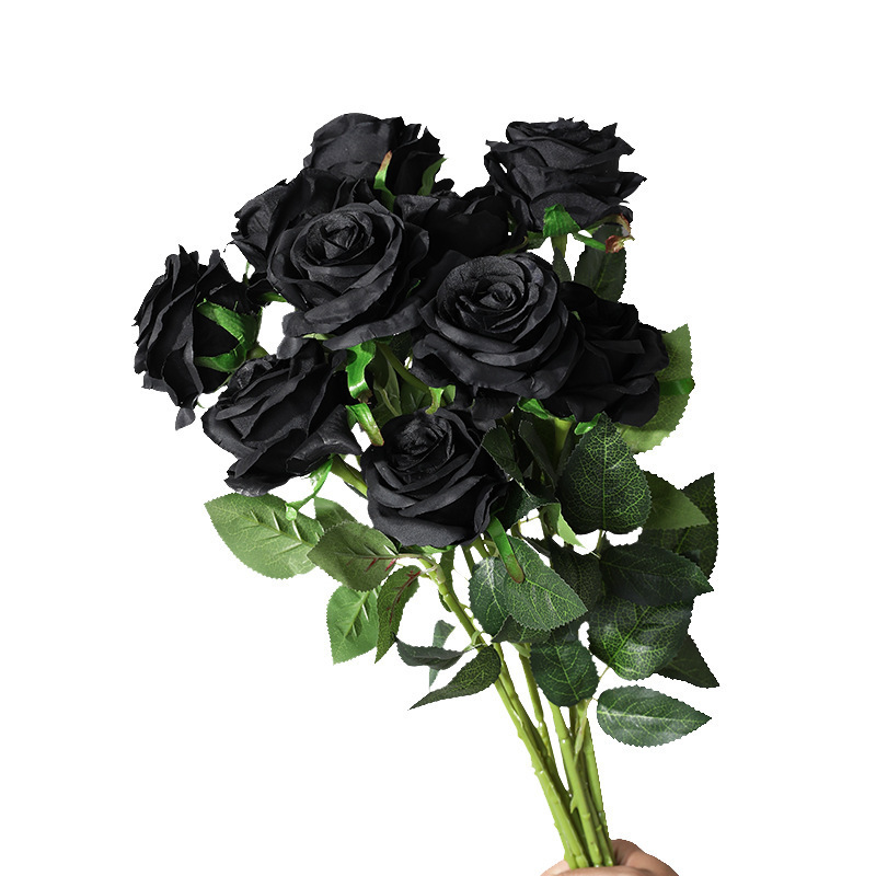 O-X412 Wholesale Price Diy Artificial Black Roses Heads Real Touch Silk Artificial Black Rose Flower for Funeral Decoration