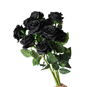 O-X412 Wholesale Price Diy Artificial Black Roses Heads Real Touch Silk Artificial Black Rose Flower for Funeral Decoration