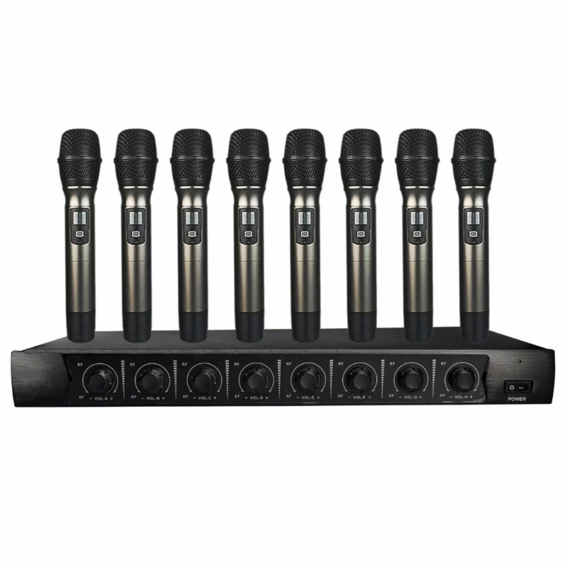 Professional 8 channel UHF wireless microphone System with four handhelds headsets Dynamic Mic