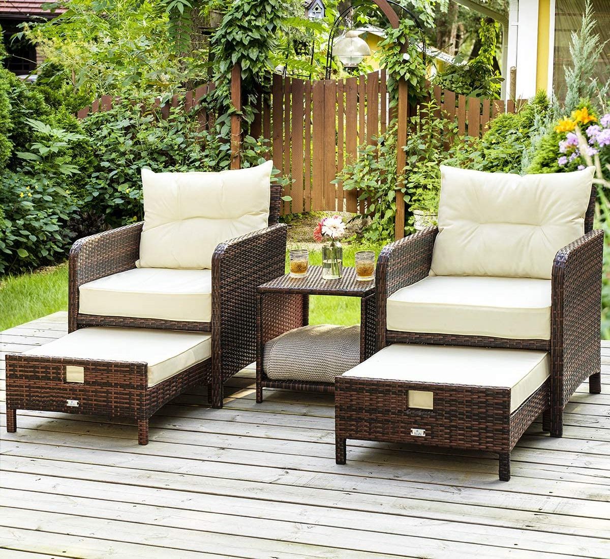 5 Pieces Wicker Outdoor Conversation Set - Patio rattan furniture garden furniture sofa set with ottomans