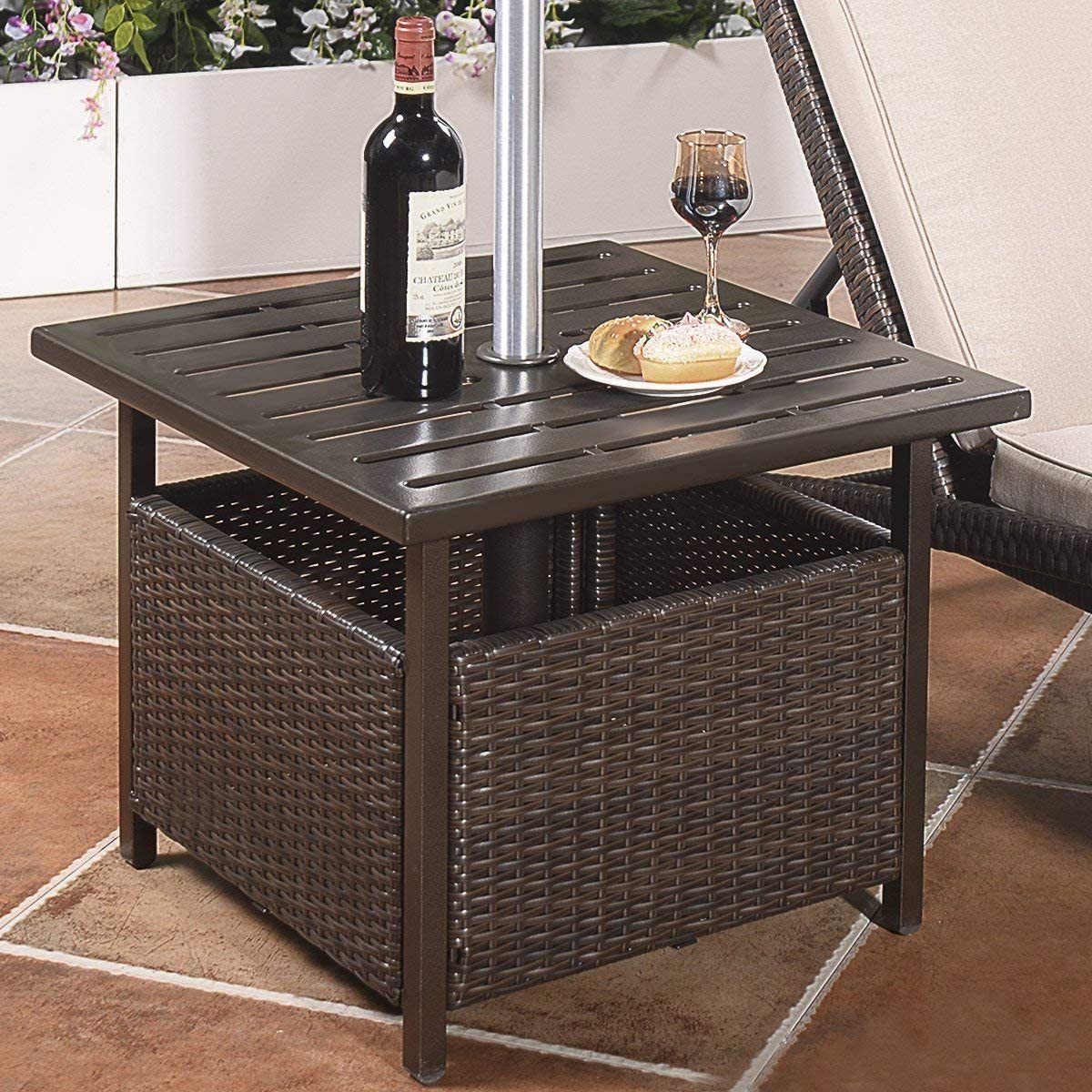 Patio Rattan Wicker Umbrella Side End Table Stand with Umbrella Hole Steel Outdoor Deck Garden Pool Umbrella Side Table