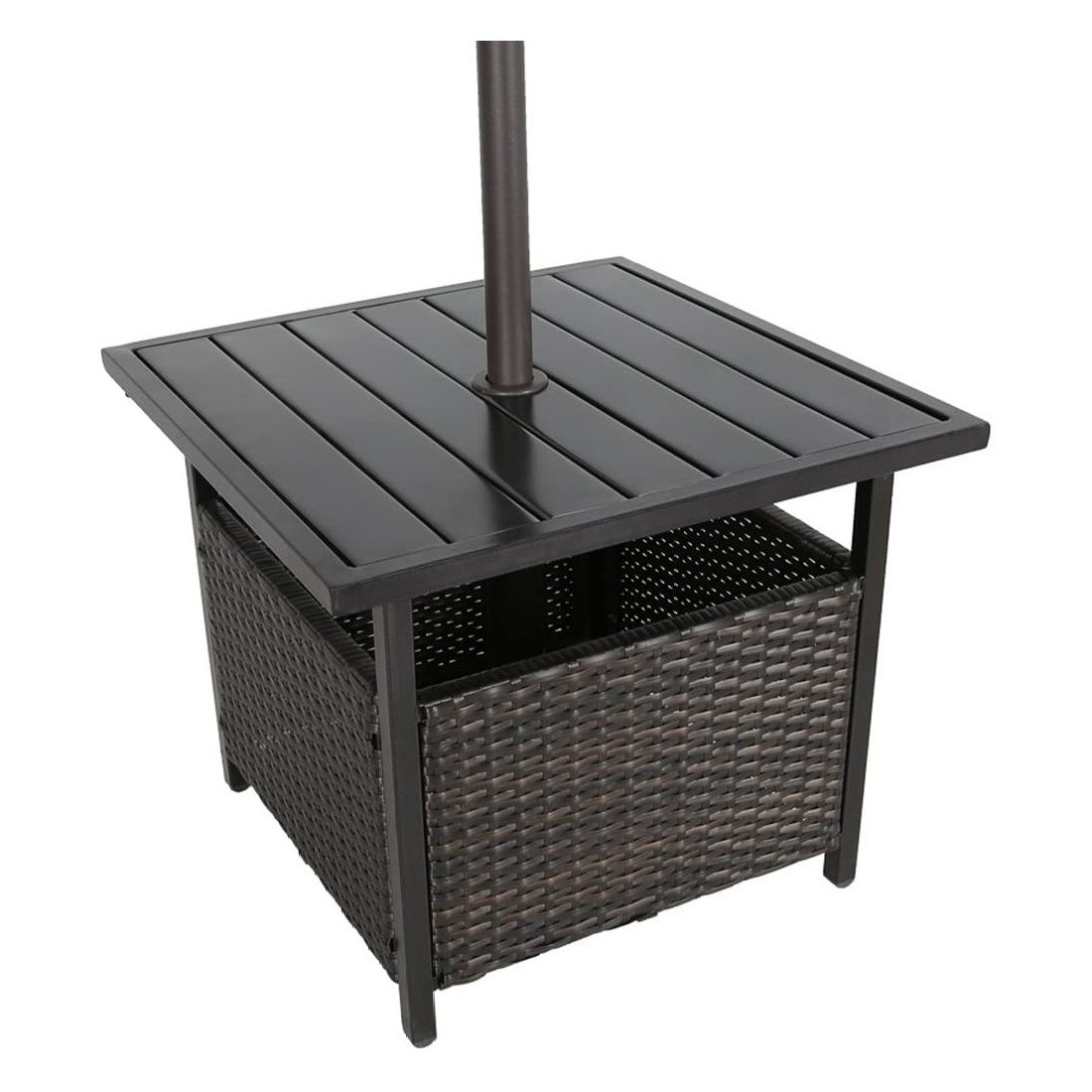 Patio Rattan Wicker Umbrella Side End Table Stand with Umbrella Hole Steel Outdoor Deck Garden Pool Umbrella Side Table