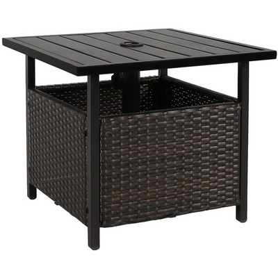 Patio Rattan Wicker Umbrella Side End Table Stand with Umbrella Hole Steel Outdoor Deck Garden Pool Umbrella Side Table