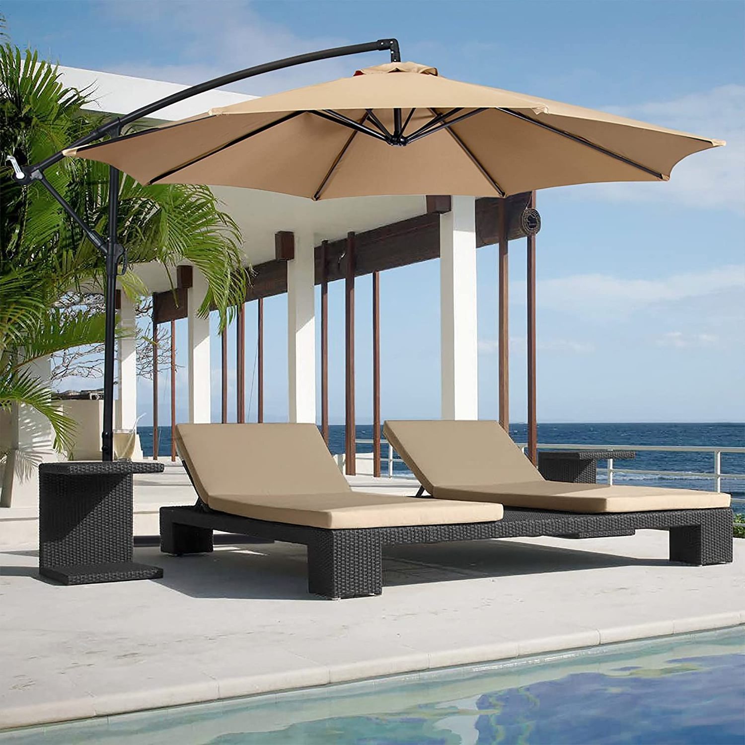 10ft Offset Hanging Polyester Market Patio Umbrella w/ 8 Ribs and Easy Tilt Adjustment, Beige