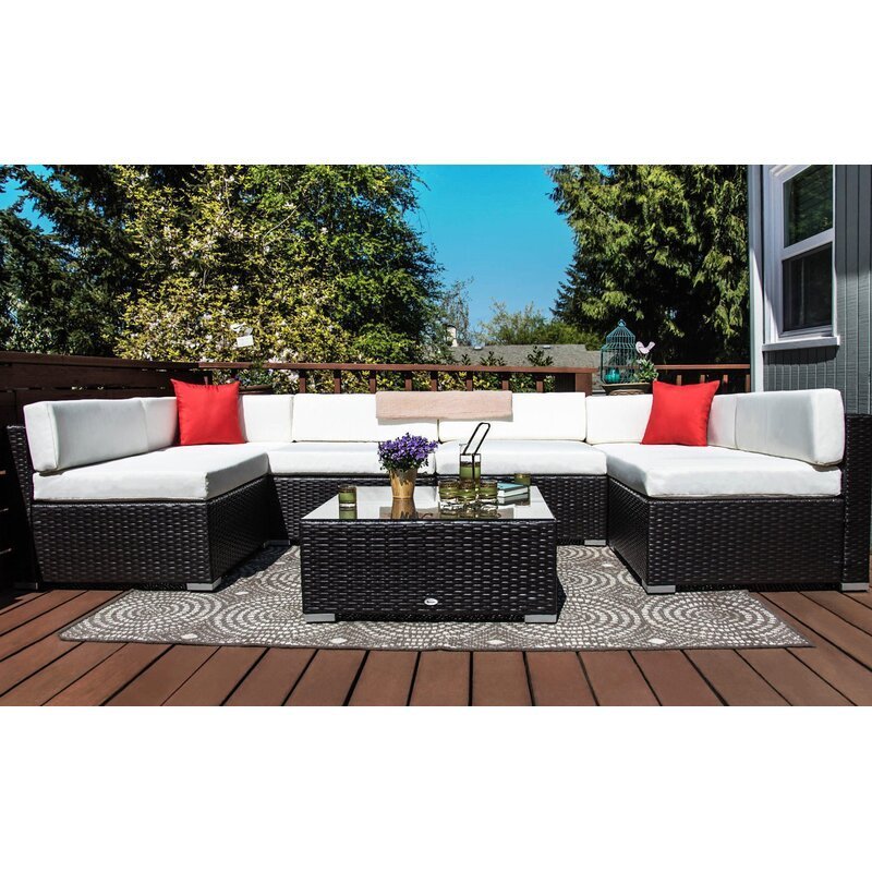 Patio furniture 7 piece wicker sectional sofa set- wicker rattan outdoor garden furniture corner sofa set with cushion