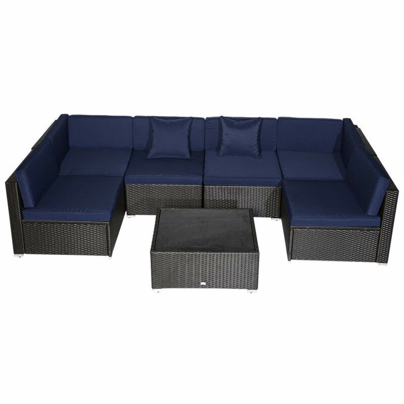 Patio furniture 7 piece wicker sectional sofa set- wicker rattan outdoor garden furniture corner sofa set with cushion