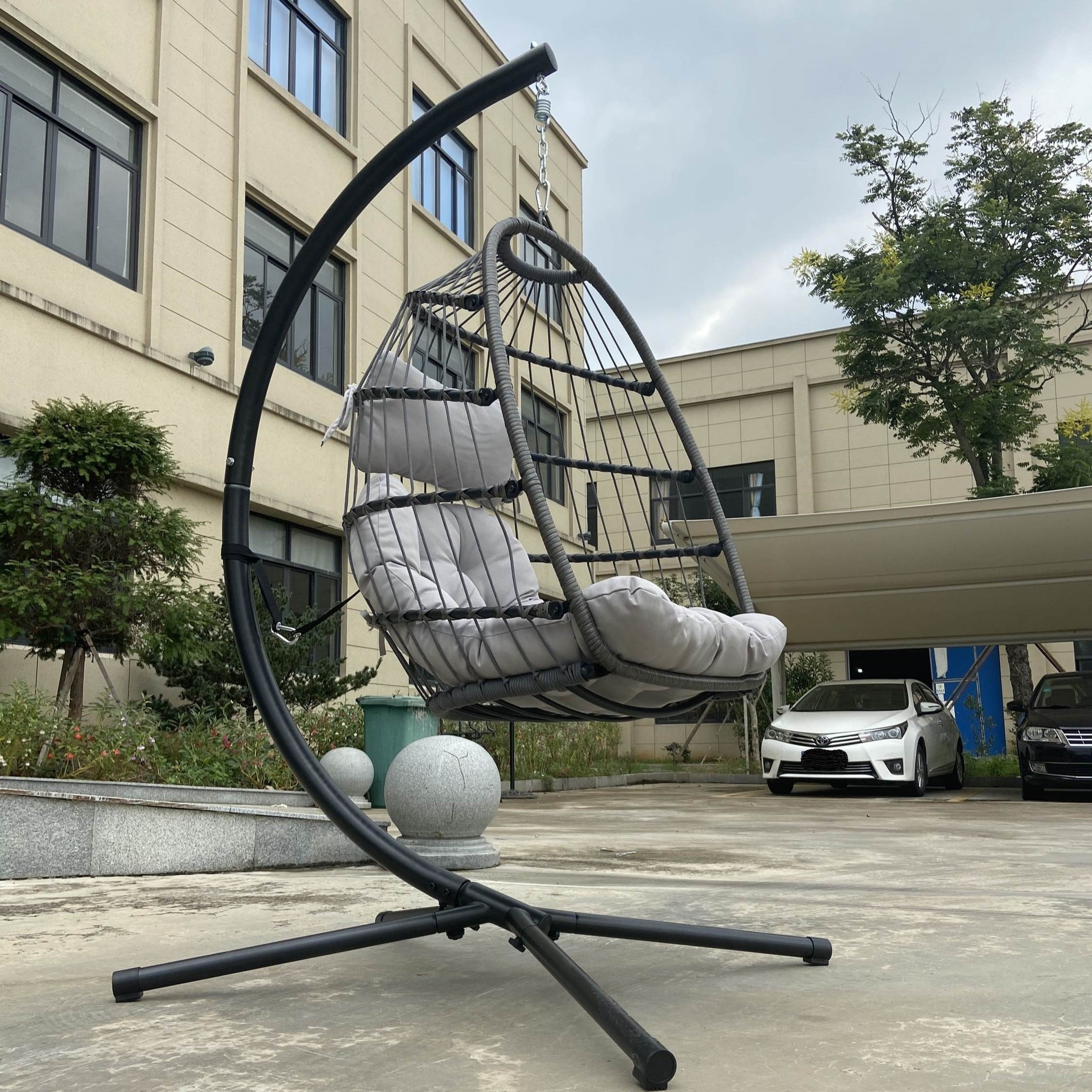 Indoor Patio Hanging Egg Swing Chair With Stand, Outdoor Garden Furniture Wicker Rattan Swing Chair Hammock Chair with Cushion