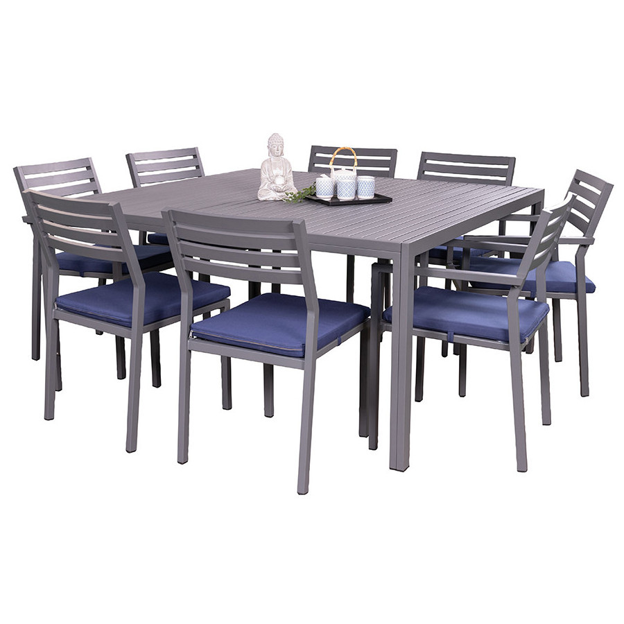 Aluminium patio outdoor garden furniture, 9 pieces dining aluminium chair and table set, with cushions.