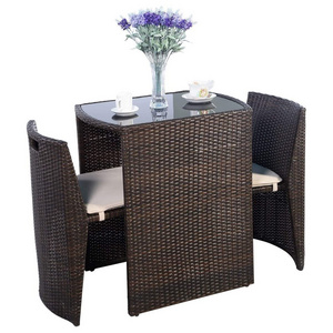 Patio 3 piece bistro cafe table set,  outdoor wicker rattan furniture garden sofa chair set with cushion, small space saving.