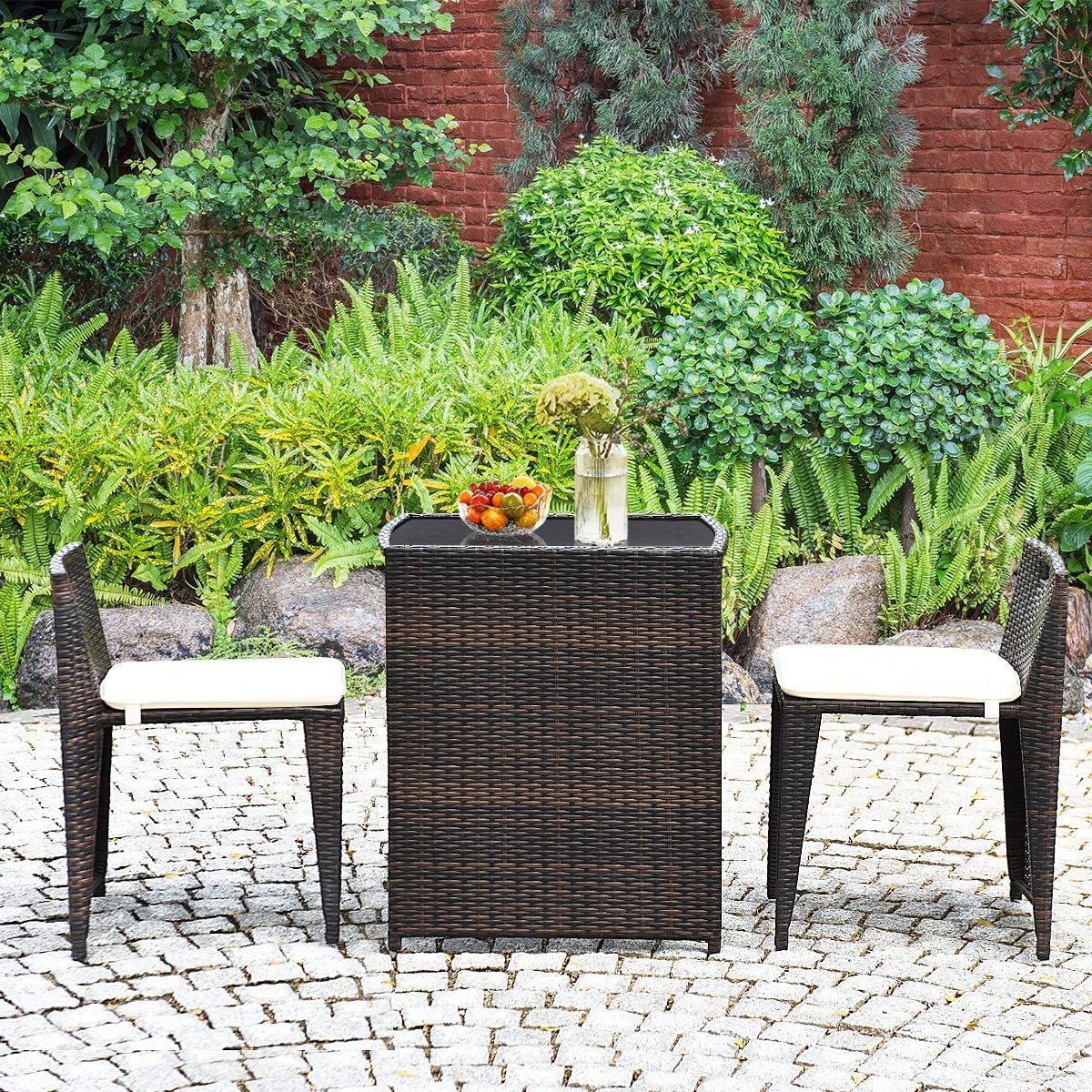 Patio 3 piece bistro cafe table set,  outdoor wicker rattan furniture garden sofa chair set with cushion, small space saving.