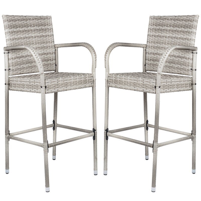 patio wicker rattan bar stools bar chairs set of 2, outdoor furniture high dining chairs with footrest  and armrest