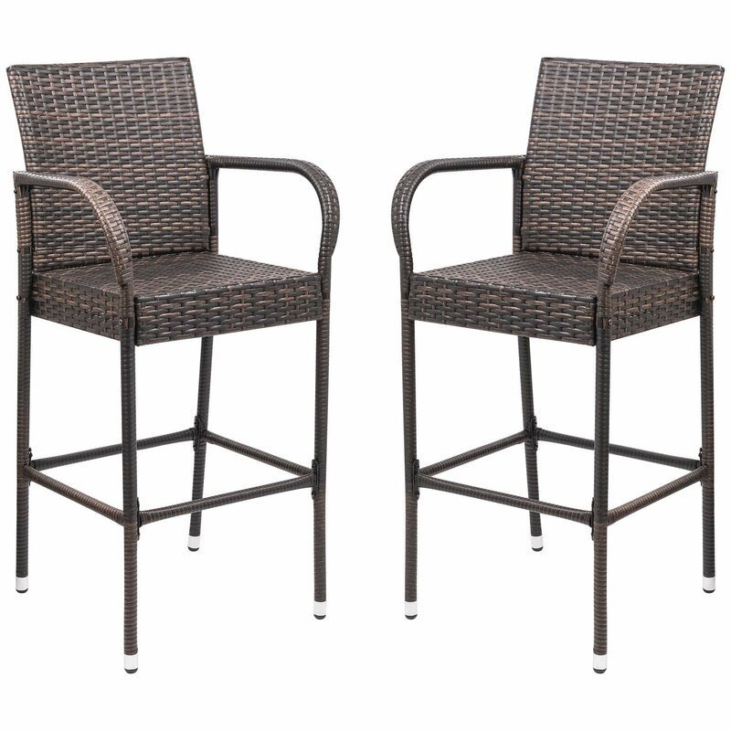 patio wicker rattan bar stools bar chairs set of 2, outdoor furniture high dining chairs with footrest  and armrest