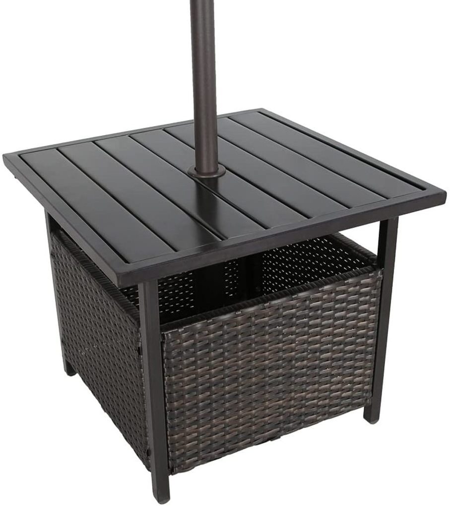 Patio Rattan Wicker Umbrella Side Table, outdoor bistro table with Umbrella Hole, umbrella stand