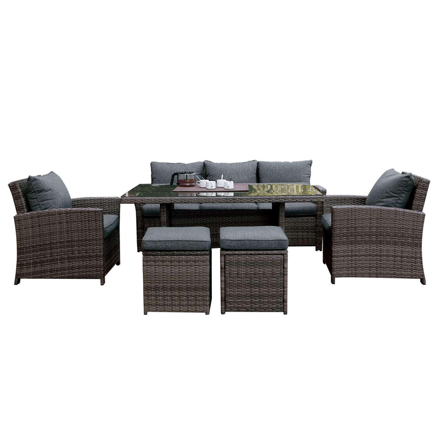 Patio 6 piece low dining conversation sectional set, wicker rattan outdoor garden furniture corner sofa set with cushion.