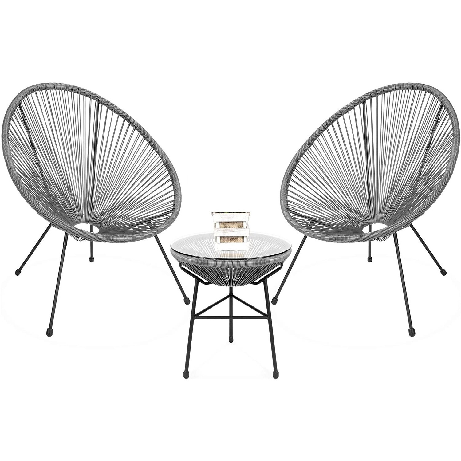 Acapulco papasan Valencia oval chair, 3 piece patio cafe table chair set, rattan wicker outdoor garden furniture.