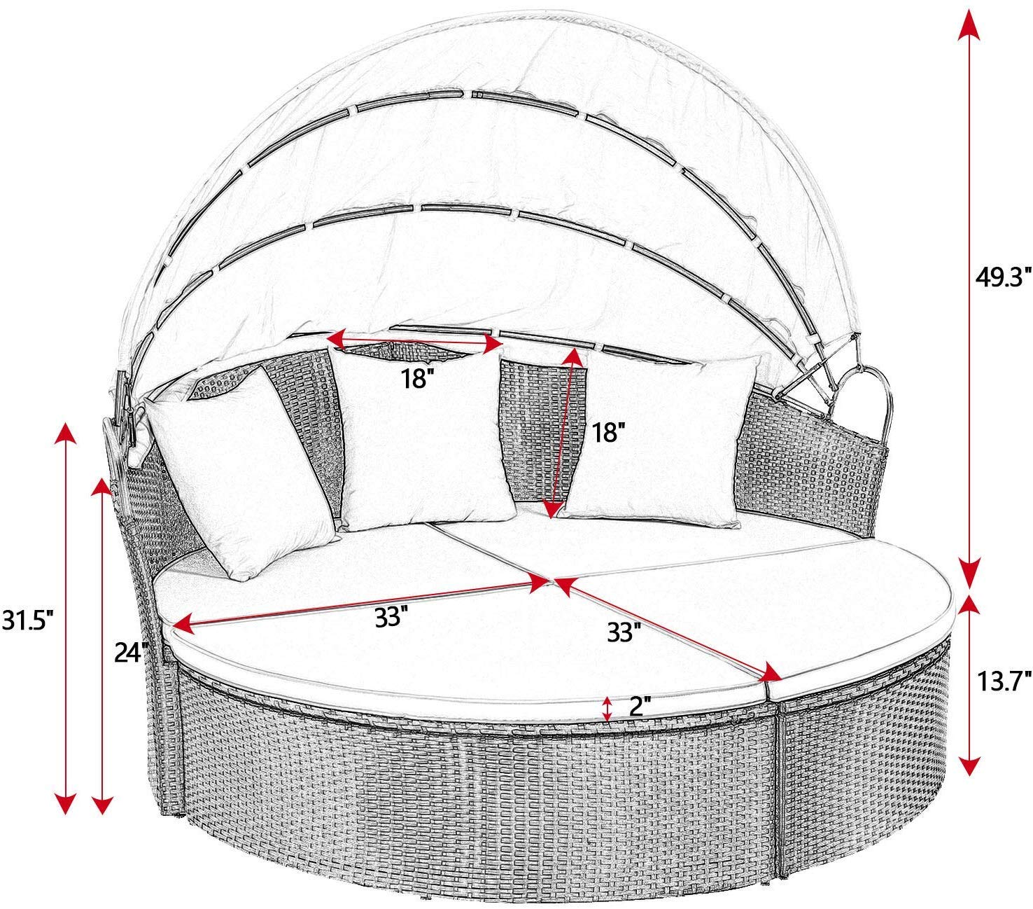 Patio Furniture Outdoor Round Daybed with Retractable Canopy Wicker Rattan Seating Sectional Sofa for Patio Lawn Garden