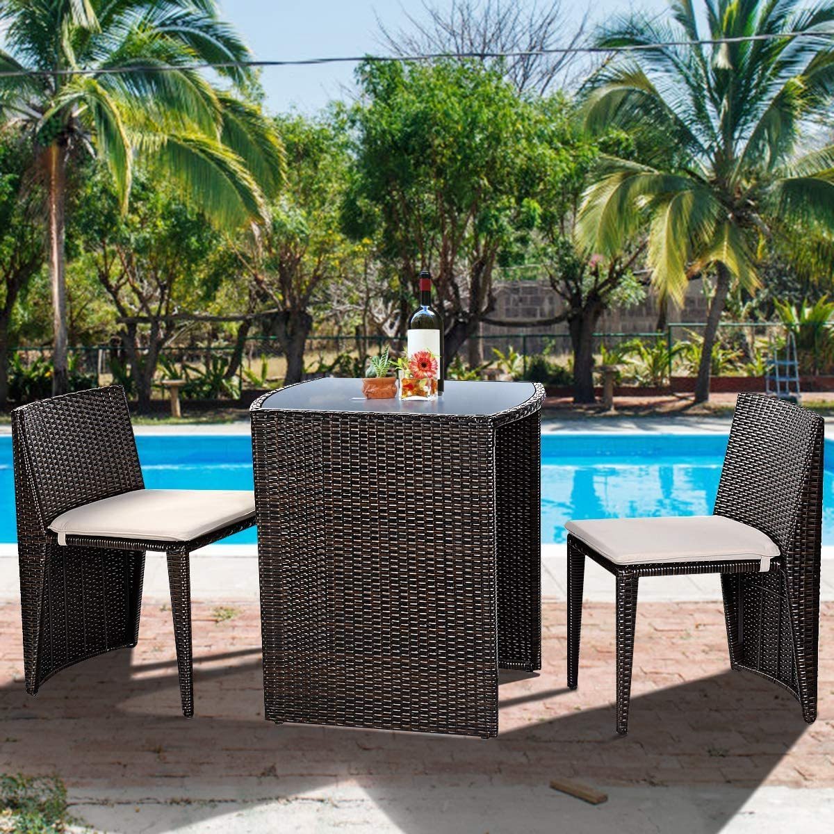 Patio 3 piece bistro cafe table set,  outdoor wicker rattan furniture garden sofa chair set with cushion, small space saving.