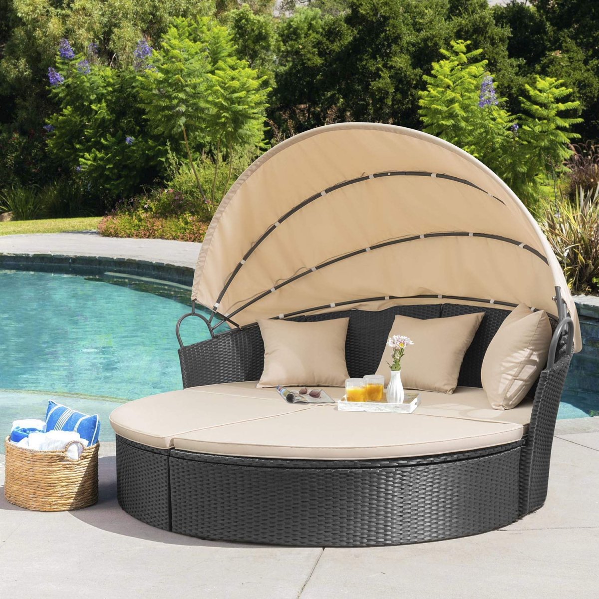 Patio Furniture Outdoor Round Daybed with Retractable Canopy Wicker Rattan Seating Sectional Sofa for Patio Lawn Garden