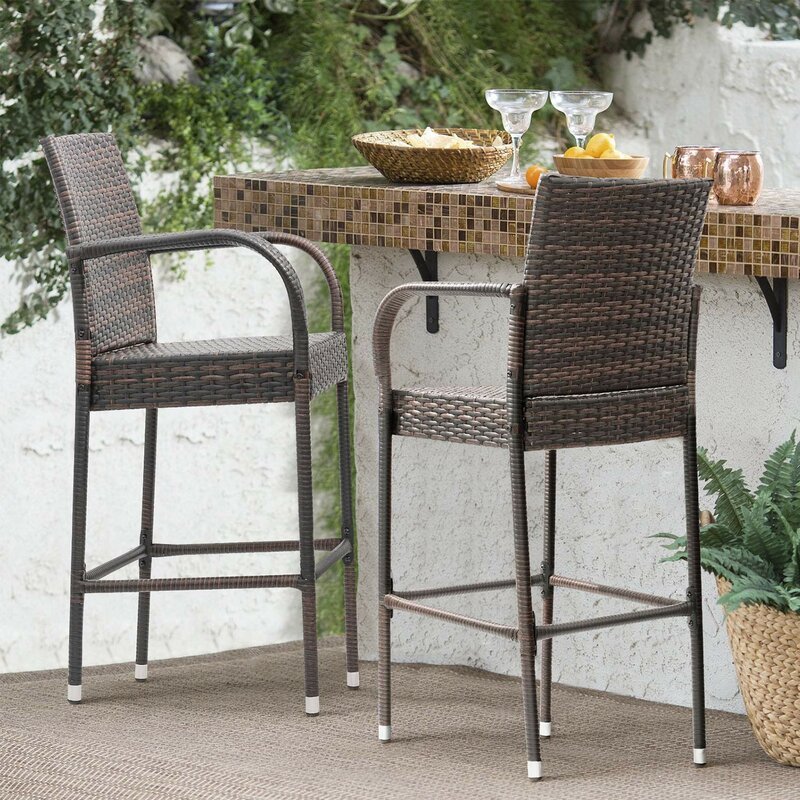 patio wicker rattan bar stools bar chairs set of 2, outdoor furniture high dining chairs with footrest  and armrest