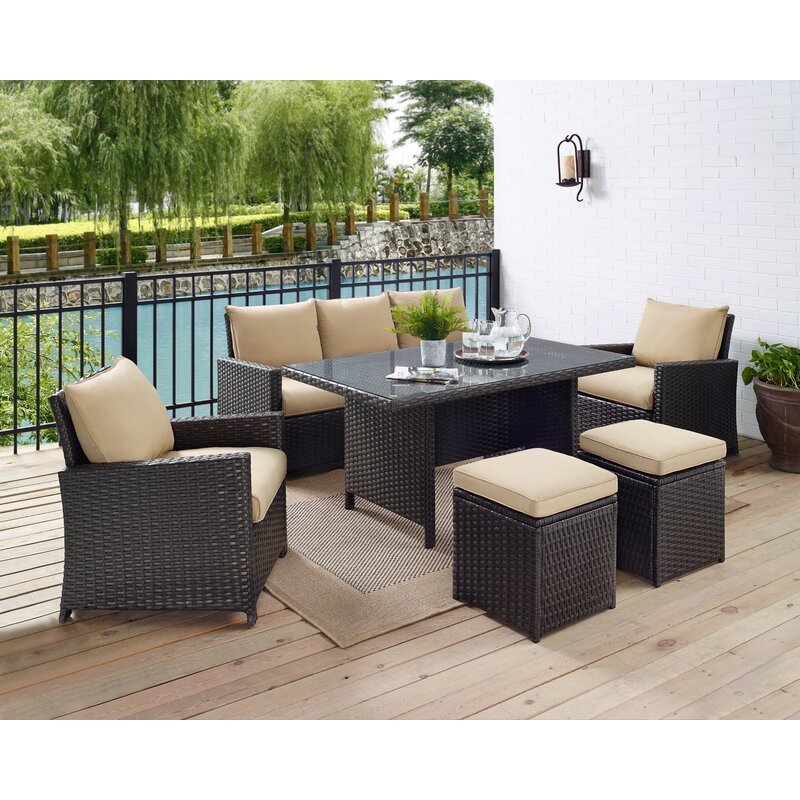 Patio furniture 6 Piece Low Dining Conversation Set, outdoor wicker rattan furniture garden furniture sofa set with cushion.