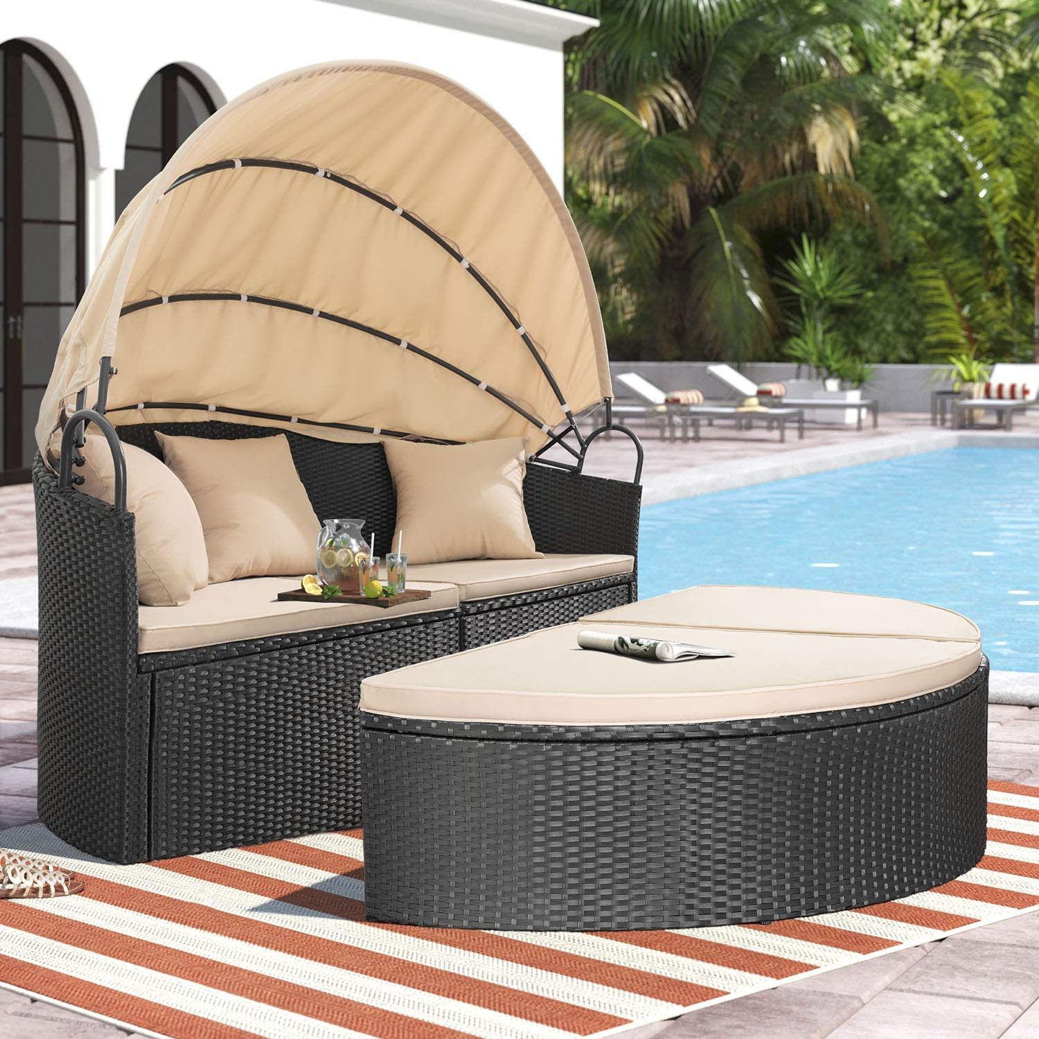 Patio Furniture Outdoor Round Daybed with Retractable Canopy Wicker Rattan Seating Sectional Sofa for Patio Lawn Garden