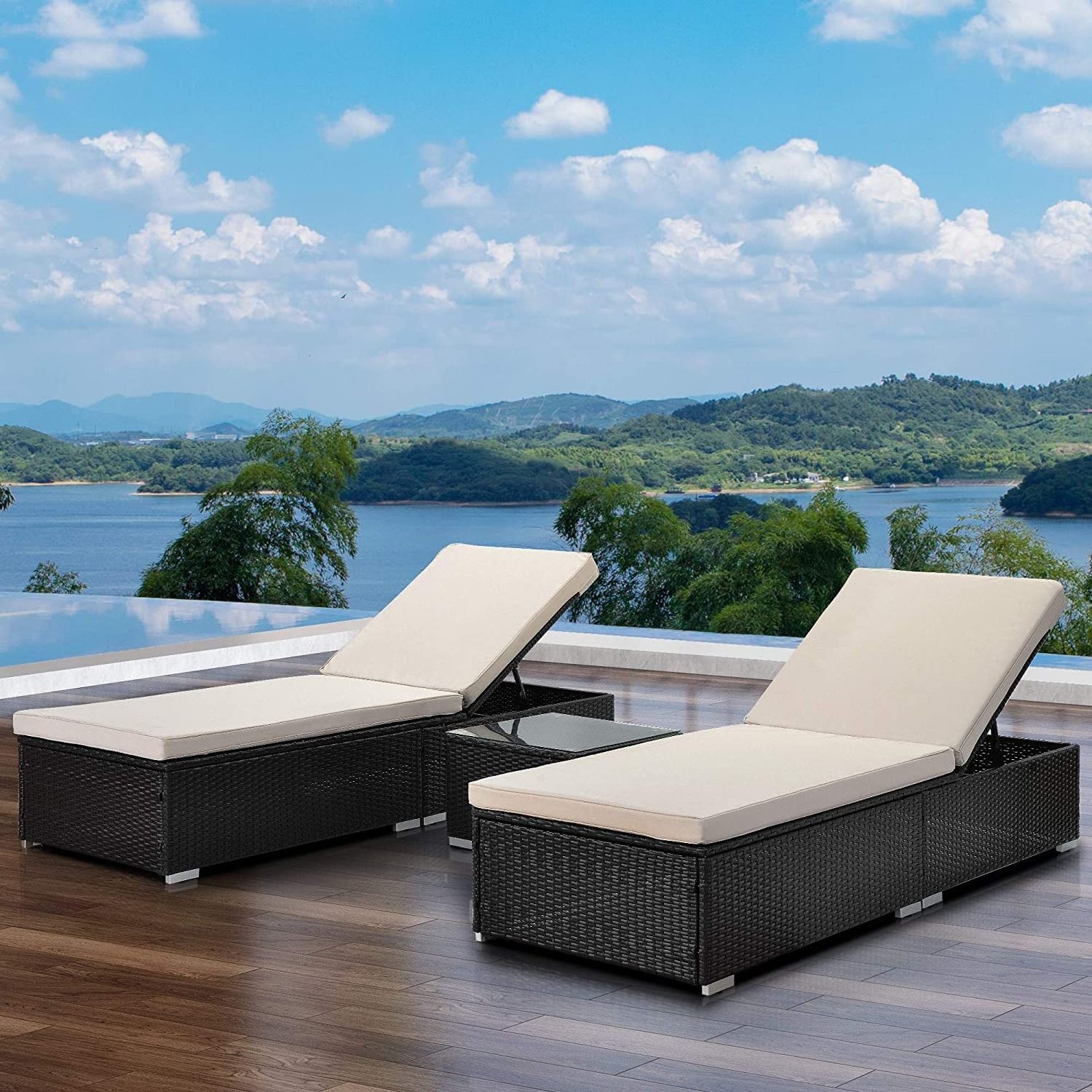 3 Piece Wicker Patio Chaise Lounge Set, Outdoor Reclining Wicker Rattan Chaise, Adjustable Backrest Lounger Chair with Cushions