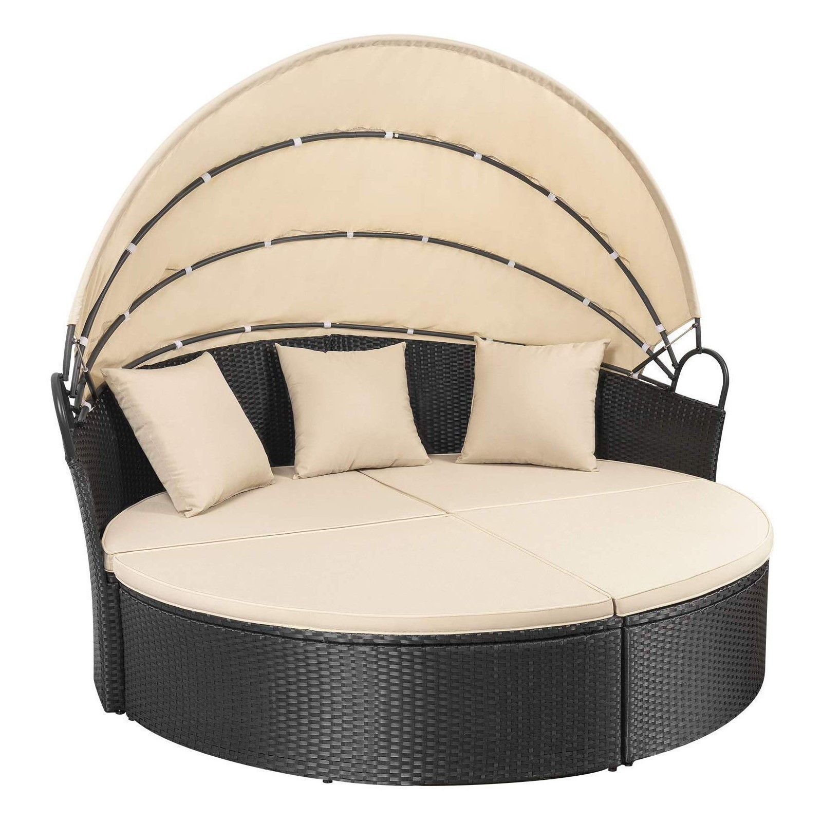 Patio Furniture Outdoor Round Daybed with Retractable Canopy Wicker Rattan Seating Sectional Sofa for Patio Lawn Garden