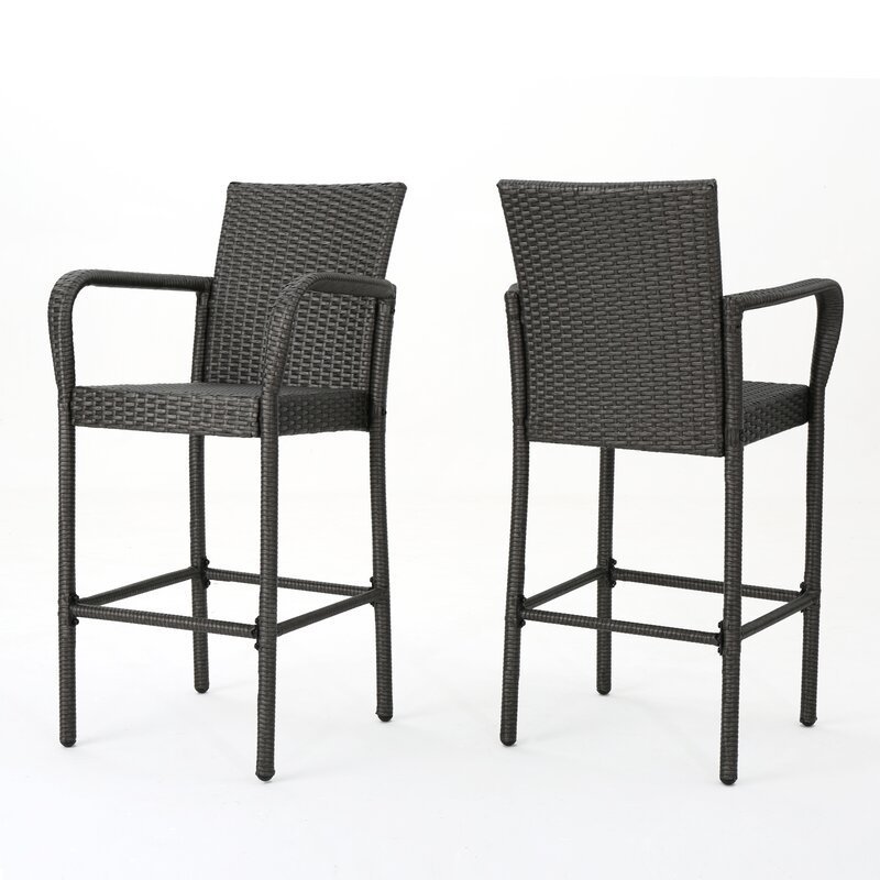 patio wicker rattan bar stools bar chairs set of 2, outdoor furniture high dining chairs with footrest  and armrest