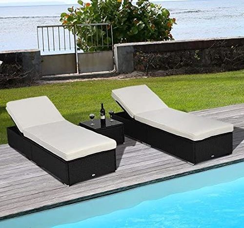 3 Piece Wicker Patio Chaise Lounge Set, Outdoor Reclining Wicker Rattan Chaise, Adjustable Backrest Lounger Chair with Cushions