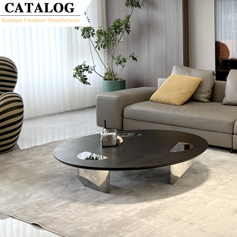 Living Room Furniture Mirrored Stainless Steel Center Table Modern Wooden  Natural Veneer Round Coffee Table