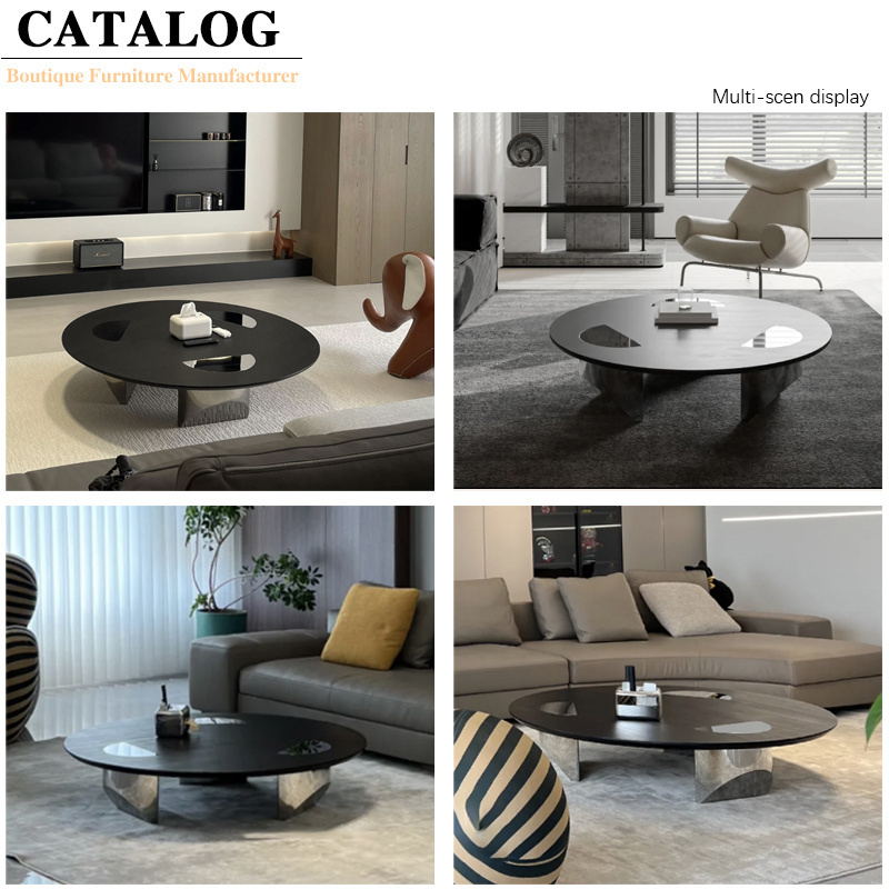 Living Room Furniture Mirrored Stainless Steel Center Table Modern Wooden  Natural Veneer Round Coffee Table